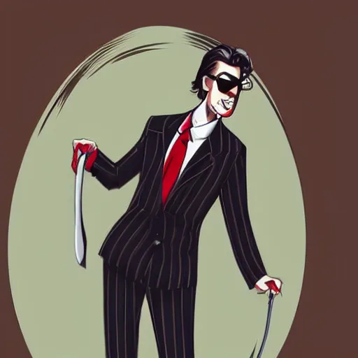 Prompt: a 1 9 8 0 s businessman, wearing a pinstripe suit, hair in slick low ponytail, sunglasses. secret vampire. character art by wayne reynolds.