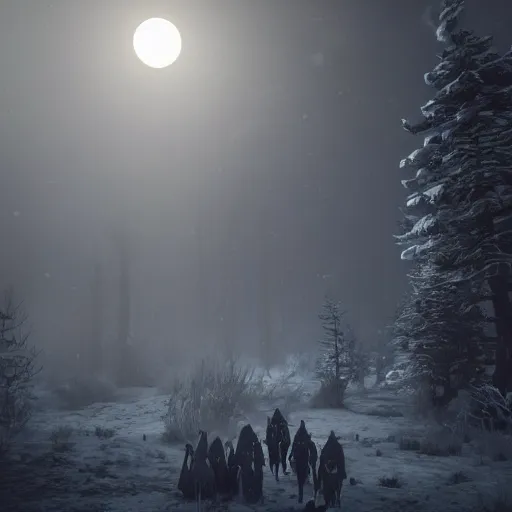 Image similar to the wild hunt, unholy spectres riding in the sky, grim reapers, bad omen, enchanted forest, blizzard storm, fog, full moon, snowy environment, in the style of the witcher series, hyperrealism, breathtaking, award winning, groundbreaking, octane render, unreal 5, intricate digital art, 8 k high resolution