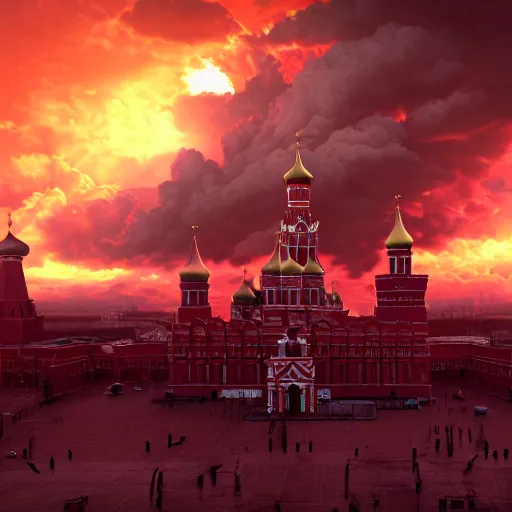 Image similar to a big nuclear explosion in Red Square Kremlin, dynamic lighting, clouds, cinematic, extremely high detail, photo realistic, cinematic lighting, post processed, concept art, artstation, matte painting, unreal engine 8k