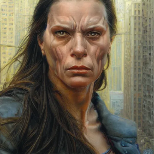 Image similar to frontal portrait of a emotional muscular female survivor in a city, by donato giancola.