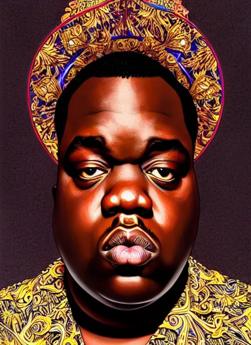 Image similar to : notorious big , fantasy magic,  , intricate, sharp focus, illustration, highly detailed, digital painting, concept art, jahbu art and Paul lewin and kehinde wiley, masterpiece