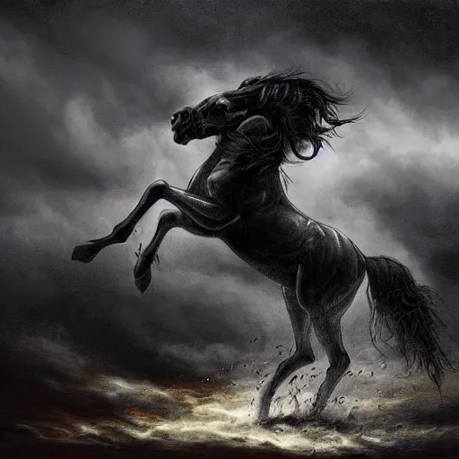 Prompt: the third horseman, famine on a black horse, dark fantasy, grey clouds, colorful background, highly detailed, realistic, storm, medieval, dramatic lighting, painting