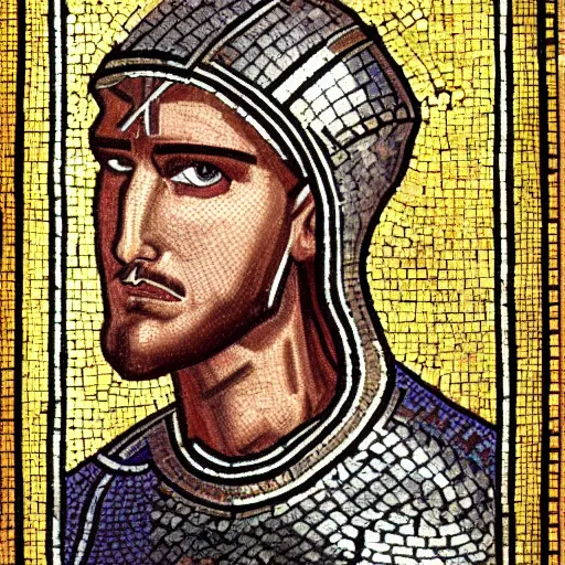 Prompt: realistic portrait of a crusader knight in a byzantine mosaic, very detailed, very realistic, elegant, top art, renowed artwork