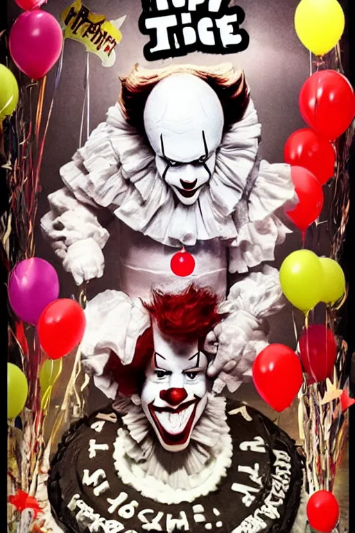 Prompt: a movie poster featuring Pennywise jumping out of a birthday cake 6