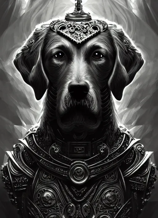 Image similar to dog as a god with flow hair and green eyes, very detailed face, black and white, detailed features, fantasy, circuitry, explosion, dramatic, intricate, elegant, highly detailed, digital painting, artstation, concept art, smooth, sharp focus, illustration, art by gustave dore, octane render