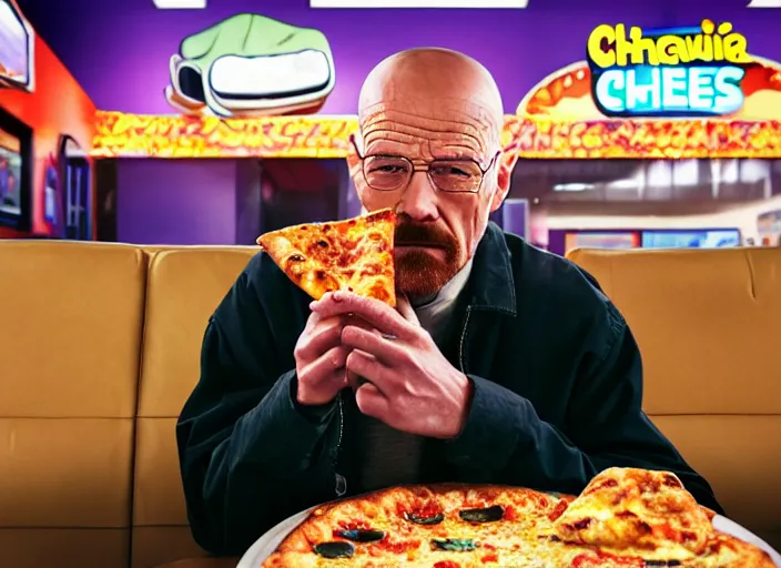 Image similar to cinematic portrait of walter white eating pizza at chuck - e - cheese, with sloppy cheesy sauce getting slopped up all over the place, dramatic lighting, moody film still from breaking bad ( 2 0 1 6 ), 3 5 mm kodak color stock, detailed face, 2 4 mm lens, directed by spike jonze, ecktochrome