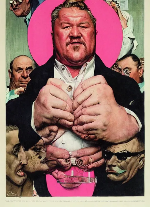 Prompt: ray winstone as a chubby supervillain wearing a pink trench coat, by norman rockwell and jason fabok and tom lovell and frank schoonover and dean cornwell