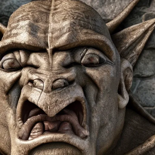 Image similar to dwayne the rock johnson as a grotesque medieval gargoyle, detailed stone texture 4 k photo