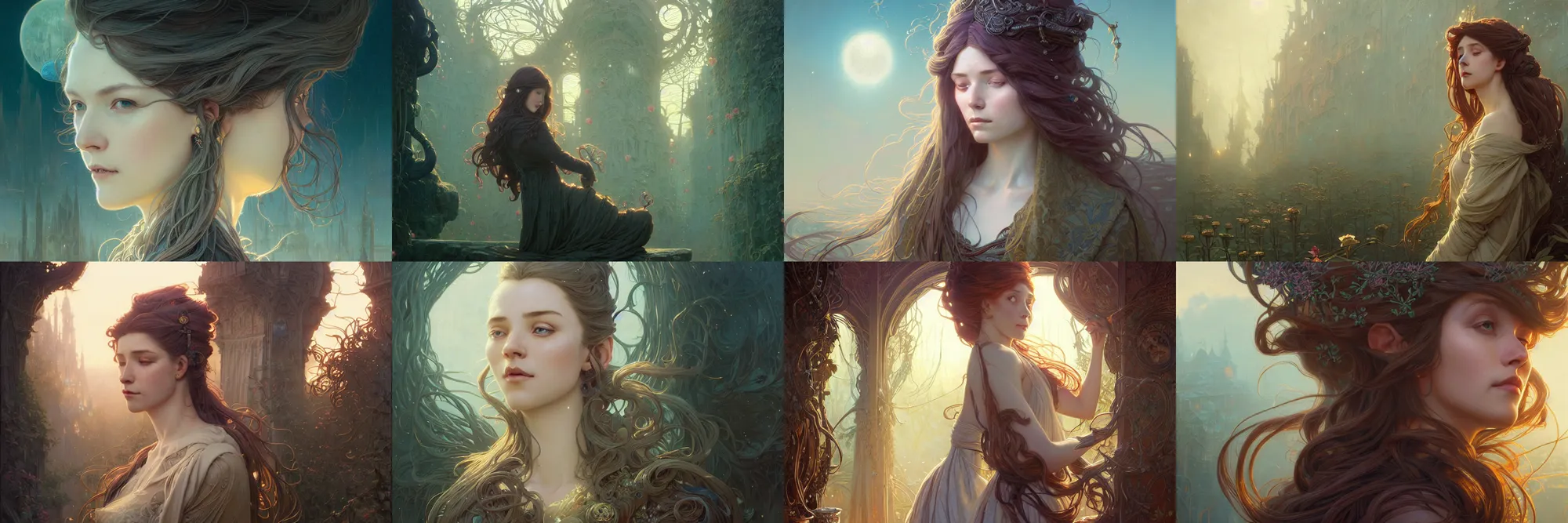 Image similar to highly detailed portrait of a woman with long hairs, stephen bliss, unreal engine, fantasy art by greg rutkowski, art nouveau, loish, rhads, ferdinand knab, makoto shinkai and lois van baarle, ilya kuvshinov, rossdraws, tom bagshaw, alphonse mucha, global illumination, radiant light, detailed and intricate environment