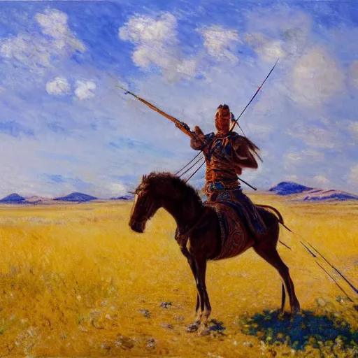 Prompt: detailed and perfect mongolian warrior with his bow, archery, from ancient lands of taran shooting arrows from his horse in the distance, mongolian gobi grass lands landscape, highly detailed, ultrawide lens, impressionism, chiaroscuro, painting by monet, dark background, dark painting, black background