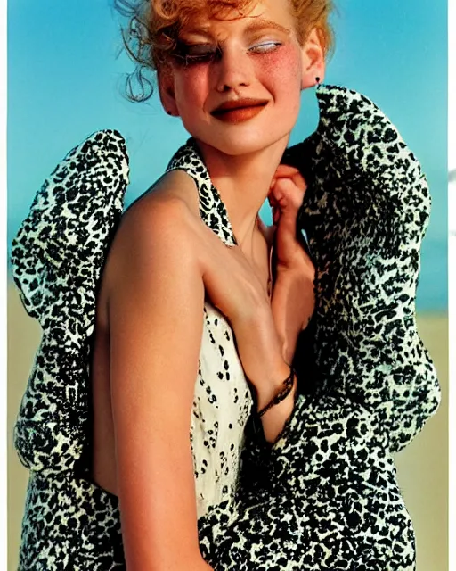 Image similar to a beautiful professional photograph by herb ritts, arthur elgort and ellen von unwerth for vogue and harper's bazaar magazines of a very beautiful lightly freckled and unusually attractive female fashion model