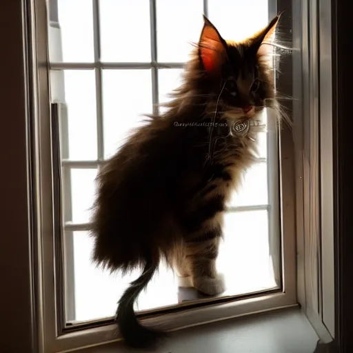 Prompt: view from the back of a backlit maine coon kitten gazing out a sunny window on a warm day. outside there are pretty flowers.