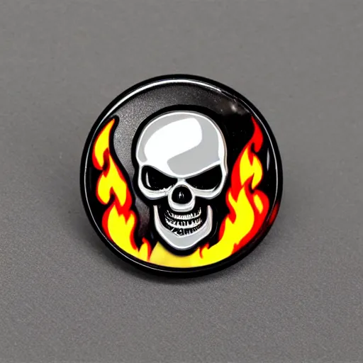 Prompt: a highly detailed retro minimalistic menacing clean pirate skull with fire flame enamel pin, hd