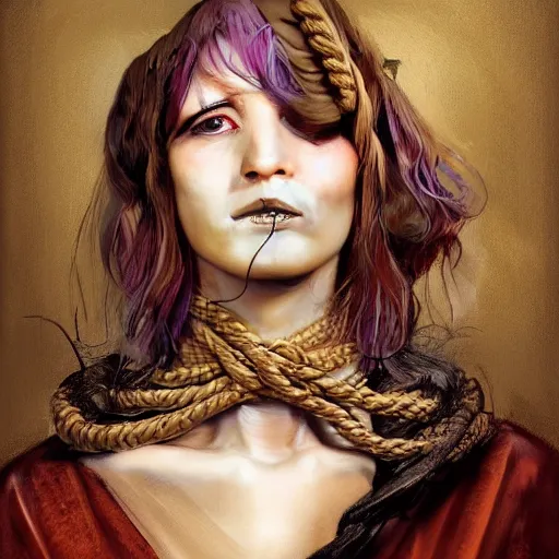 Image similar to portrait of a Shibari rope wrapped face and neck, headshot, insanely nice professional hair style, dramatic hair color, digital painting, of a old 15th century, old cyborg merchant, amber jewels, baroque, ornate clothing, scifi, realistic, hyperdetailed, chiaroscuro, concept art, art by Franz Hals and Jon Foster and Ayami Kojima and Amano and Karol Bak,