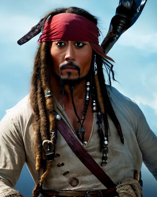 Image similar to Film still close-up shot of Dwayne Johnson as Captain Jack Sparrow from the movie Pirates of the Caribbean. Dwayne The Rock Johnson Photographic, photography