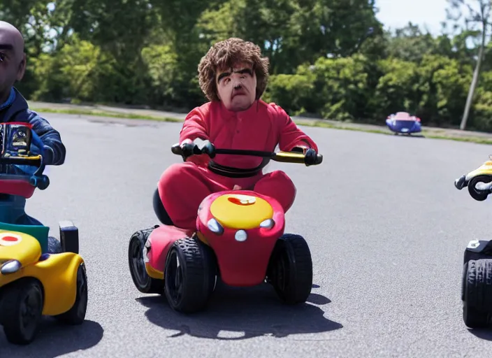 Image similar to peter dinklage racing gary coleman driving a little tikes cars, movie still, from the new fast and furious movie, 8 k, realistic