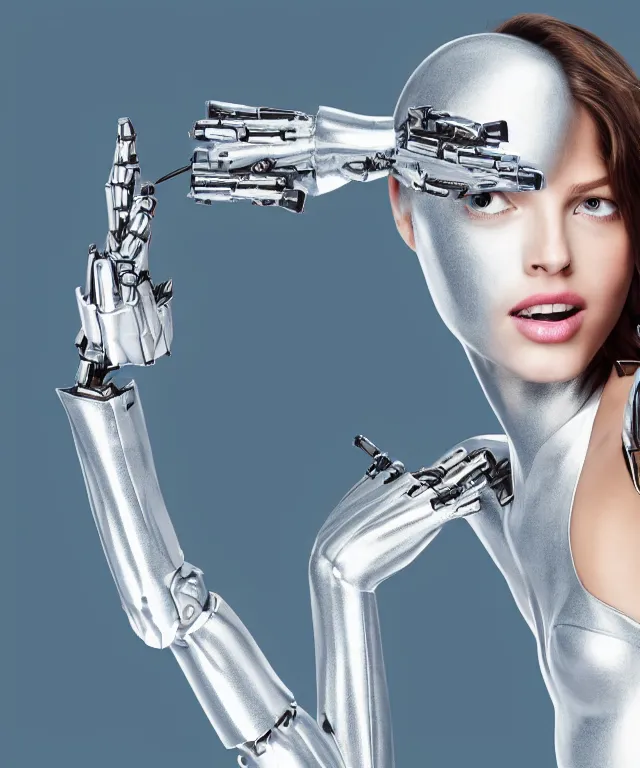 Image similar to tv displays victoria's secret model, a silver robot is touching the tv and robot's head is partially morphed into copy of the model's head, realistic, 4 k