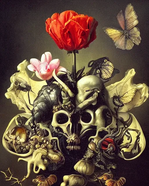 Image similar to refined gorgeous blended oil painting with black background by christian rex van minnen rachel ruysch dali todd schorr of a chiaroscuro portrait of an extremely bizarre disturbing mutated man made of still life flowers and rubber insects with shiny skin acne dutch golden age vanitas intense chiaroscuro cast shadows obscuring features dramatic lighting perfect symmetry perfect composition masterpiece