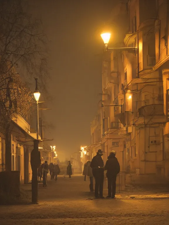 Image similar to film still of russian suburbs, lights are on in the windows, deep night, post - soviet courtyard, cozy atmosphere, light fog, street lamps with orange light, several birches nearby, several elderly people stand at the entrance to the building