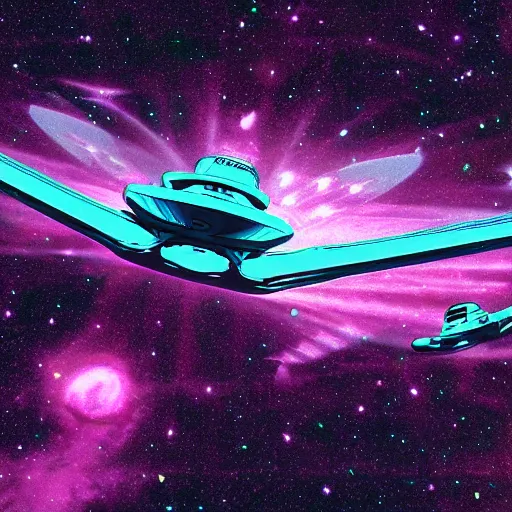 Image similar to starship flying through space, vaporwave style, 1 9 9 2 4 k masterpiece