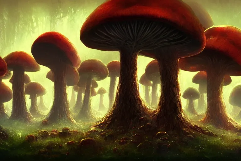 Image similar to a giant mushroom forest in the style of Anato Finnstark concept art, 4K, UHD, High quality, Trending on Artstation HQ