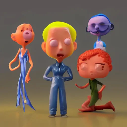 Prompt: single crazy melting plastic toy Pop Figure characterdesign product, C4d, by pixar, by dreamworks, in a Studio hollow, surrounded by flying particles