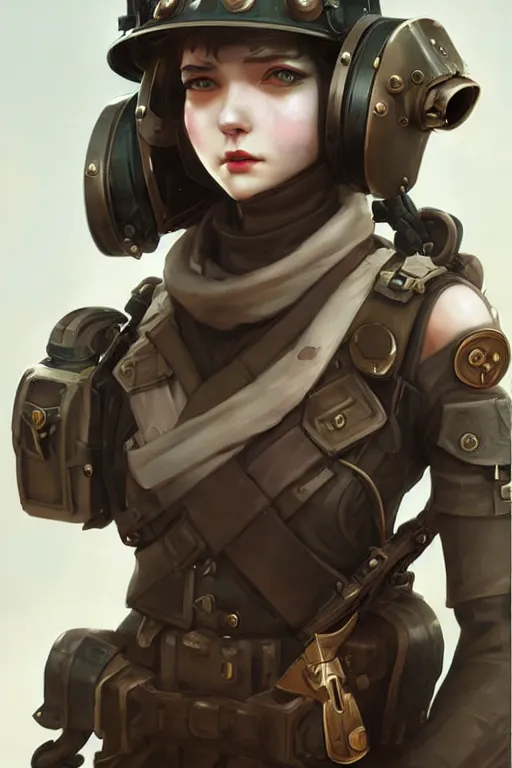 Image similar to dieselpunk soldier girl, helmet, shoulders, chest, portrait, armored, highly detailed, sharp focus, art, illustrations by wlop and ayanamikodon and irakli nadar and loish and rossdraws