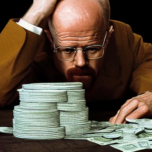 Image similar to Heisenberg sitting on a pile of money.