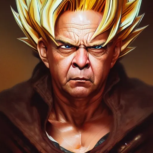 Image similar to Super Saiyan 3 Danny DeVito, western, D&D, fantasy, intricate, elegant, highly detailed, digital painting, artstation, concept art, matte, sharp focus, illustration, art by Artgerm and Greg Rutkowski and Alphonse Mucha