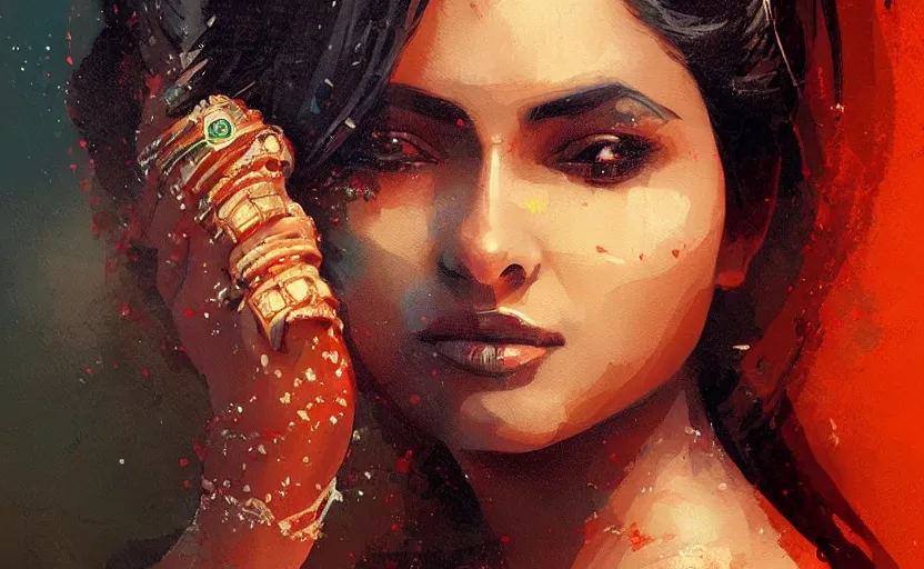 Image similar to a painting of a beautiful indian woman trending on artstation in the style of greg rutkowski