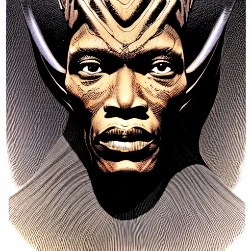 Image similar to portrait soft light, by killian eng and bernie wrightson, inspired by shaka zulu science fiction, fine, sharp high detail, screen print,