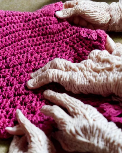 Prompt: a beautiful photograph of an elderly woman’s hands crocheting an Afghan, her hands are highly realistic and accurate.