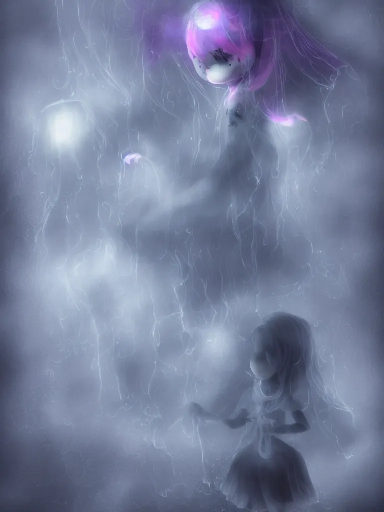 Image similar to cute fumo plush beautiful chibi ectoplasmic gothic skeletal jellyfish ghost girl, glowing milky wisps of hazy smoke and volumetric fog on a heavy rainstormy reflective river in the falling rain, lens flare, subsurface scattering, vignette, asymmetry, bokeh, refraction, vray