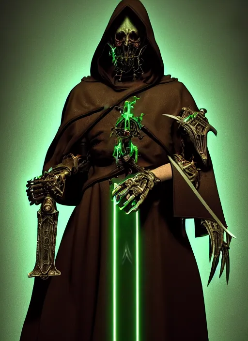 Prompt: character design, biomechanical arcanist in church, holy sword, tattered robe and hood, green lightning, fog, scary, arrogant, hostile, photorealistic, cinematic, hyper realistic, octane render, 8 k, full shot