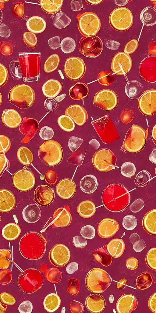 Prompt: a clean seamless repeating pattern of campari soda cocktail, colourful, symmetrical, repeating 35mm photography