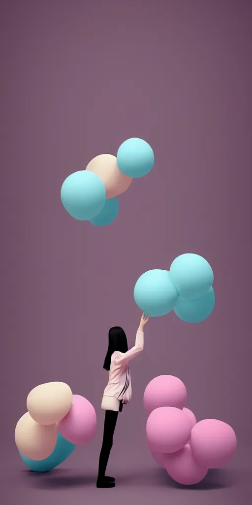 Image similar to 3d matte render, Hsiao-Ron Cheng, balloons, pastel colors, hyper-realism, pastel, polkadots, minimal, simplistic, amazing composition, woman, vaporwave, wow, Gertrude Abercrombie, Beeple, minimalistic graffiti masterpiece, minimalism, 3d abstract render overlayed, black background, psychedelic therapy, trending on ArtStation, ink splatters, pen lines, incredible detail, creative, positive energy, happy, unique, negative space, pure imagination painted by artgerm