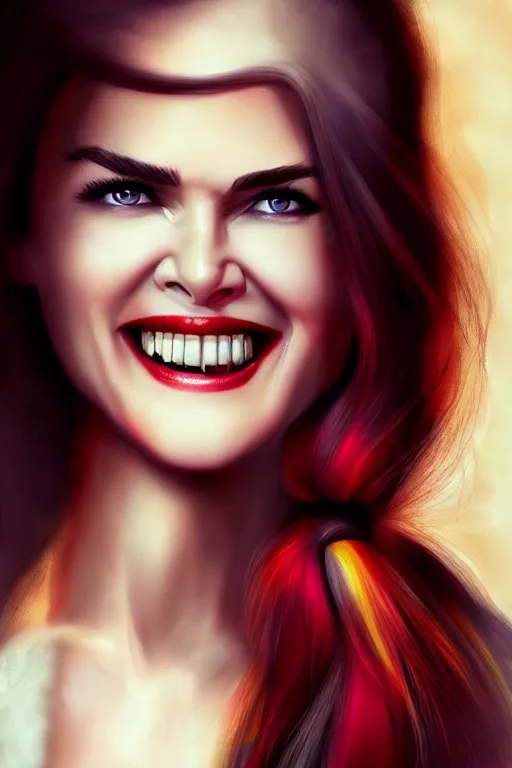 Image similar to mix of beautiful young maria shriver, mariel hemmingway, brooke shields, nicole kidman and elle macpherson as a vampire showing vampire teeth, ready to bite, thin lips, hair tied up in a pony tail, dark blonde hair, colorful, deviantart, artstation, cgsociety