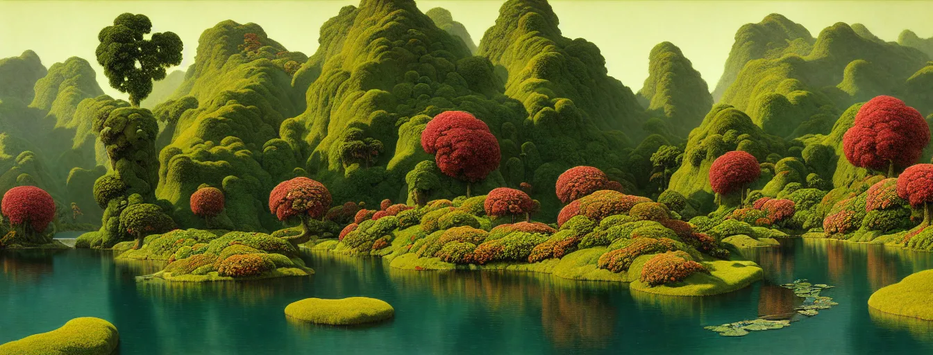 Prompt: a gorgeous very early spring series of lush islands separated by flower - lined streams, twisted gardens, flowers, fronds, painting by barlowe wayne maxfield parrish and marco mazzoni. tree no leaf!!!! china mountain village!! very little light verdancy. ultra clear detailed. 3 d, octane render. turbulent blood lake.