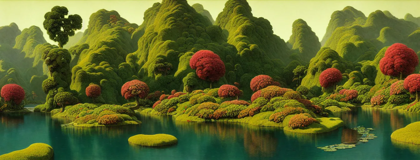 Image similar to a gorgeous very early spring series of lush islands separated by flower - lined streams, twisted gardens, flowers, fronds, painting by barlowe wayne maxfield parrish and marco mazzoni. tree no leaf!!!! china mountain village!! very little light verdancy. ultra clear detailed. 3 d, octane render. turbulent blood lake.