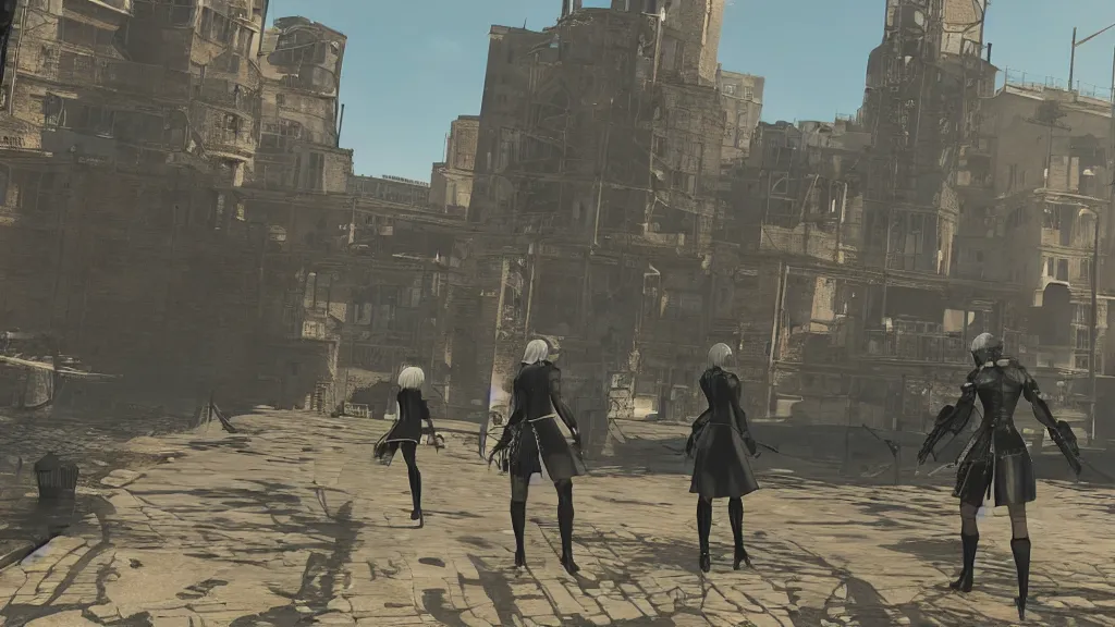 Image similar to Screenshot from Nier Automata, at the Old Port of Marseille