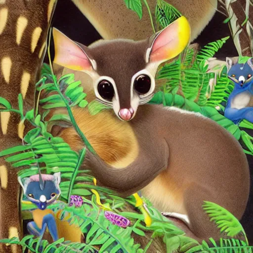 Image similar to Super cute animal combination of Sugar glider, Tamandua, Gerenuk, Cuttlefish, Gecko, Sand cat, Bee hummingbird, Tree kangaroo, Racoon dog, Pygmy hippopotamus , Leafy sea dragon, Elephant Shrew, Quokka, Margay, Klipspringer, Fennec Fox, Tawny frogmouth, Tarsier, Quetzal, Star-nosed mole