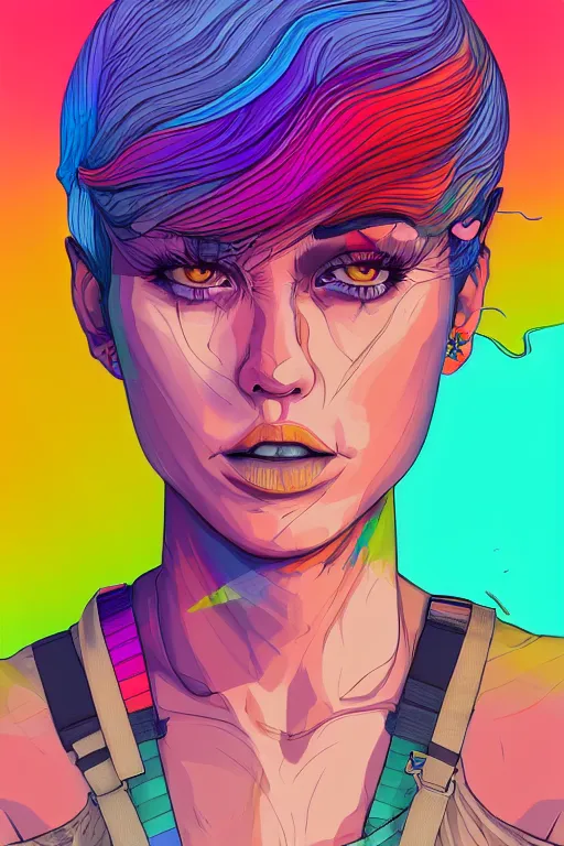 Image similar to a award winning half body portrait of a beautiful woman with stunning eyes in a printed croptop and cargo pants with rainbow colored ombre hairstyle head in motion and hair flying by josan gonzales, outrun, vaporware, shaded flat illustration, digital art, trending on artstation, highly detailed, fine detail, intricate