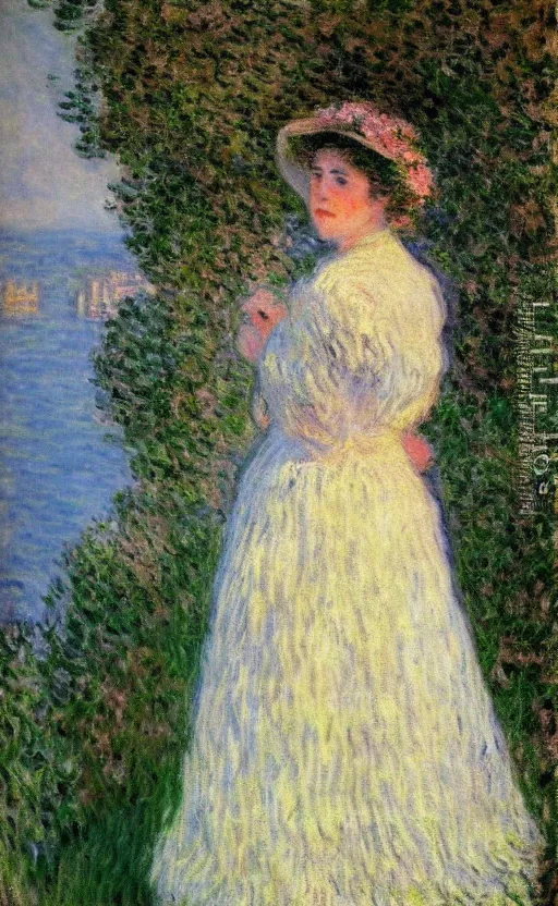 Image similar to portrait by claude monet!! of a lovely woman!! looking at us daydreaming! lake como in background!!!