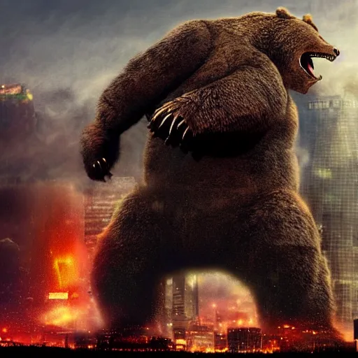 Prompt: a giant angry bear fighting with giant godzilla in the city, photomanipulation, photoshop, digital art, movie poster