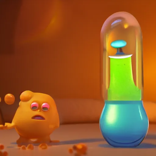 Image similar to single lava lamp with a gelatinous cute happy creature positioned inside, playful, globules, 8 k, render by pixar