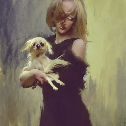 Prompt: beautiful blonde woman, blue eyes, intricate, elegant, highly detailed, holding old long haired chihuahua, greg manchess, mucha, liepke, ruan jia, jeffrey catherine jones, ridley scott