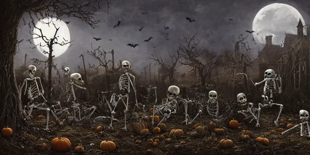 Prompt: a halloween landscape with a few skeletons two ghosts and one witch around in november, by Ernest deutsch + Ted Nasmith, cinematic lighting, masterpiece, highly detailed, 8k resolution, trending on art station