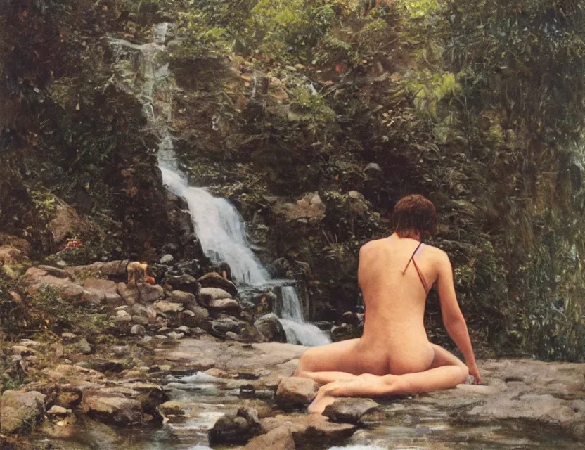 Image similar to steve hanks, serov valentin, lisa yuskavage, andrei tarkovsky, terrence malick, focused monk sits near waterfall, golden ratio, perfect symmetrical, polaroid, vintage, soft lights, foggy, oil on canvas