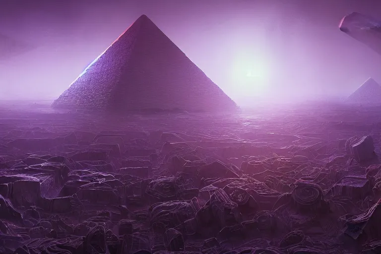 Prompt: An Eldritch Organic Dystopian Empire of The Void made of eyeballs and tentacles, Purple and Blue colored, 4k, Pyramids. masterpiece, cinematic, glowing, by Greg Rutkowski, Trending on Artstation, Behance. Polished, Volumetric Lighting