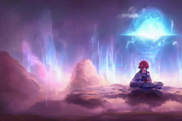 Image similar to an anime wizard with a sword reading a book on a cloud relaxing, misty, glows, digital art, hazy, foggy, ambient lighting, 8 k, neon, synthwave,